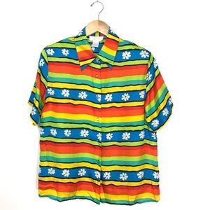 Vintage Rainbow Stripe Floral Silk Blouse Large A5